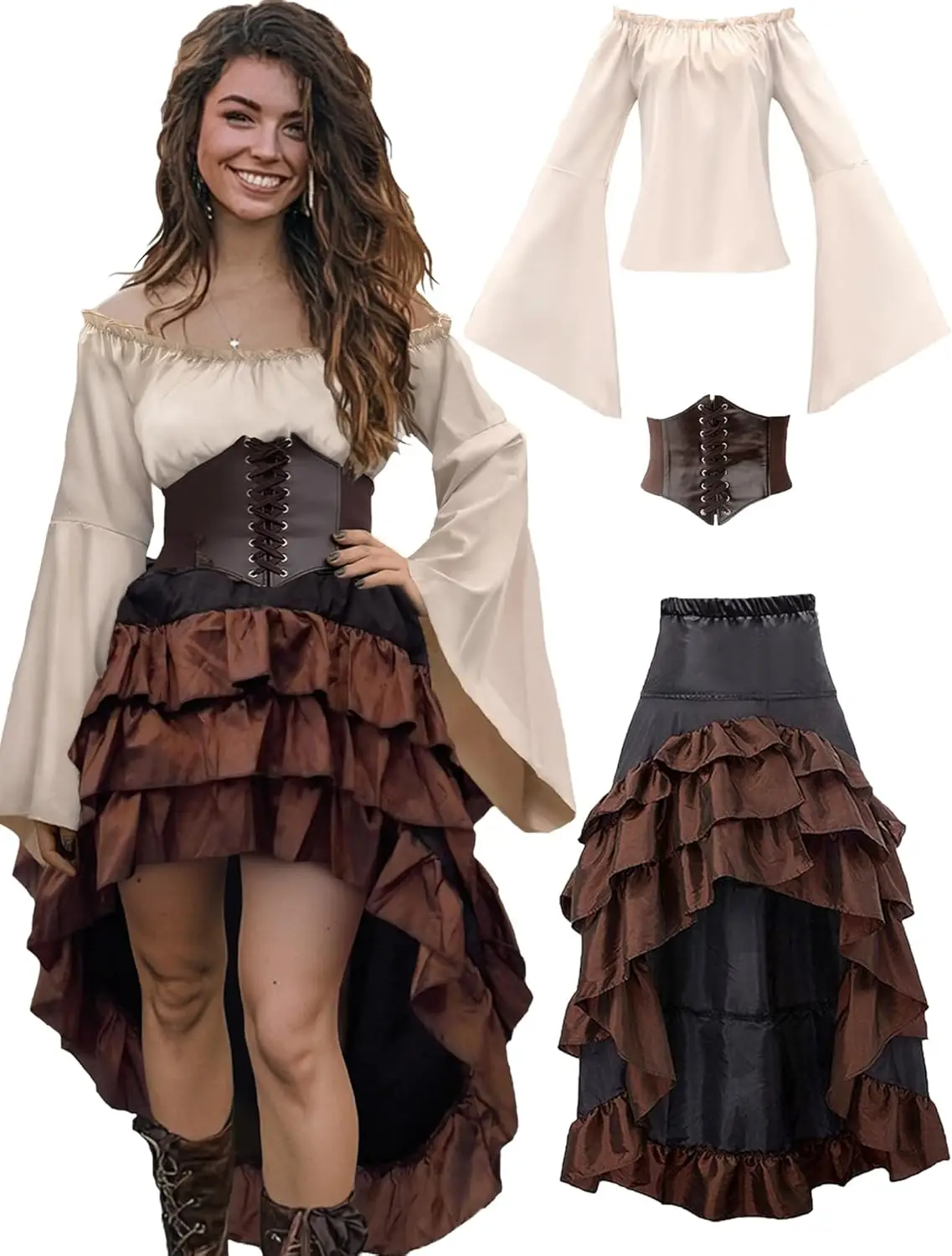 

Women's Vintage Pirate Captain Costume - Retro Embroidered Corset & Ruffled Layered Skirt Set - Sexy Buccaneer Wench Outfit for