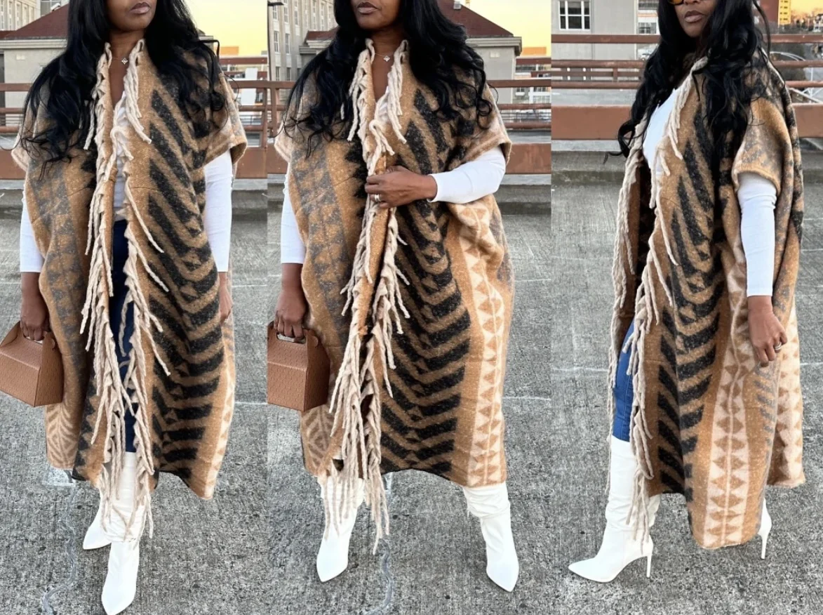 

African Women's Winter Fashion Printed Open Front Loose Cardigans F Blogger Design Plus Tassel Thick Long Kimonos Stylish Jacket