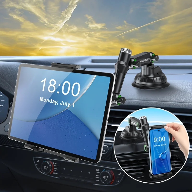 Universal Car Tablet and Phone Holder with Extended Arm, Dashboard Mount, ABS Material, Strong Suction Cup with Adjustable Angle