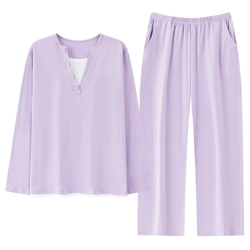 New Autumn Women Cotton Pajama Set Solid Color Long Sleeve Loose Casual Simple Loungewear Suit Outdoor Wear Sleepwear