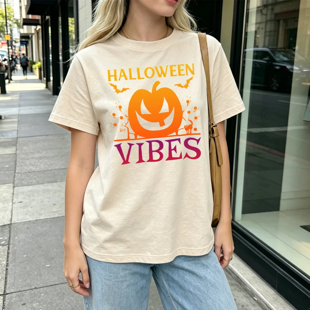 Retro Autumn Winter Halloween Vibes Pumpkin Bats Cute Spooky Cotton Short Sleeve TShirt Ghost Dia De Los Muertos Men Women Shirt