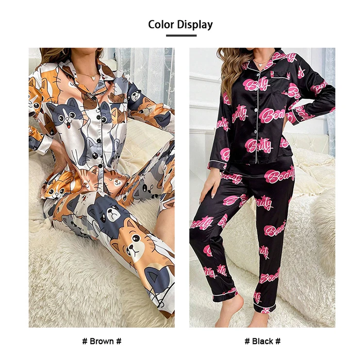 Niedlicher Pyjama mit Katzenmuster für Damen, Satin, langärmelig, Reverskragen, Oberteile und Hosen, Pyjama-Loungewear für Herbst, Damen-Nachtwäsche, Pyjama-Sets – Detail 4