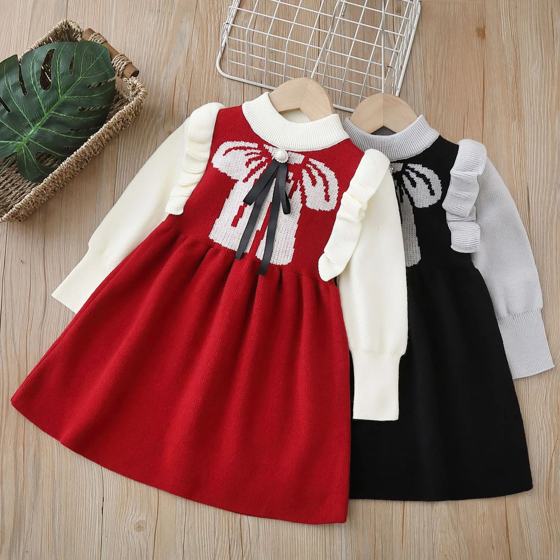 Spring Autumn 1-6Y Girls Knitted Dress Bowknot Puff Sleeves Round Collar Kid Girl Frock Preppy Look Toddler Girls Fake Two Dress