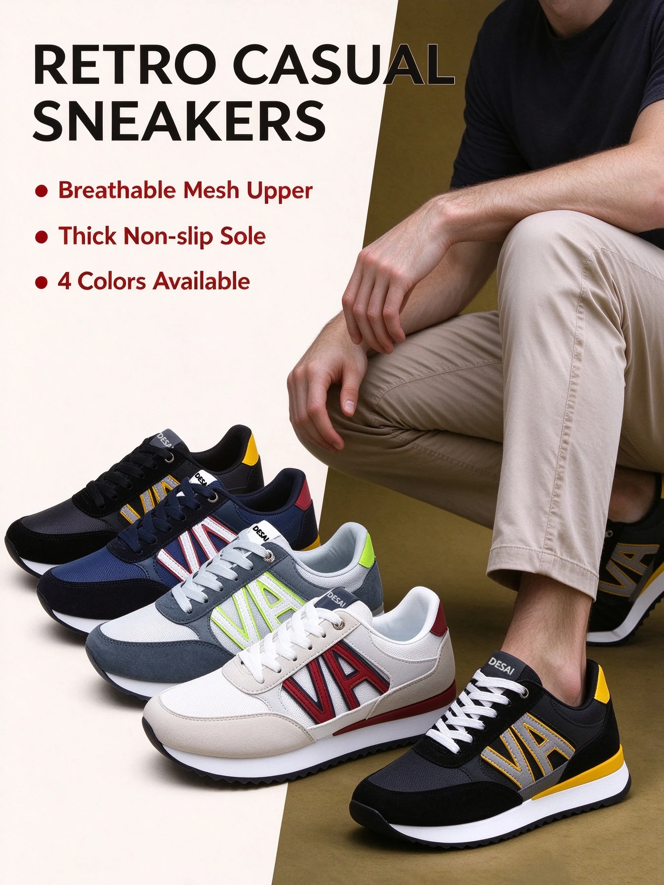 Men's Trendy Versatile Casual Shoes, Letter Design Stitched Lightweight Breathable Sneakers, Anti-slip Outdoor Footwear