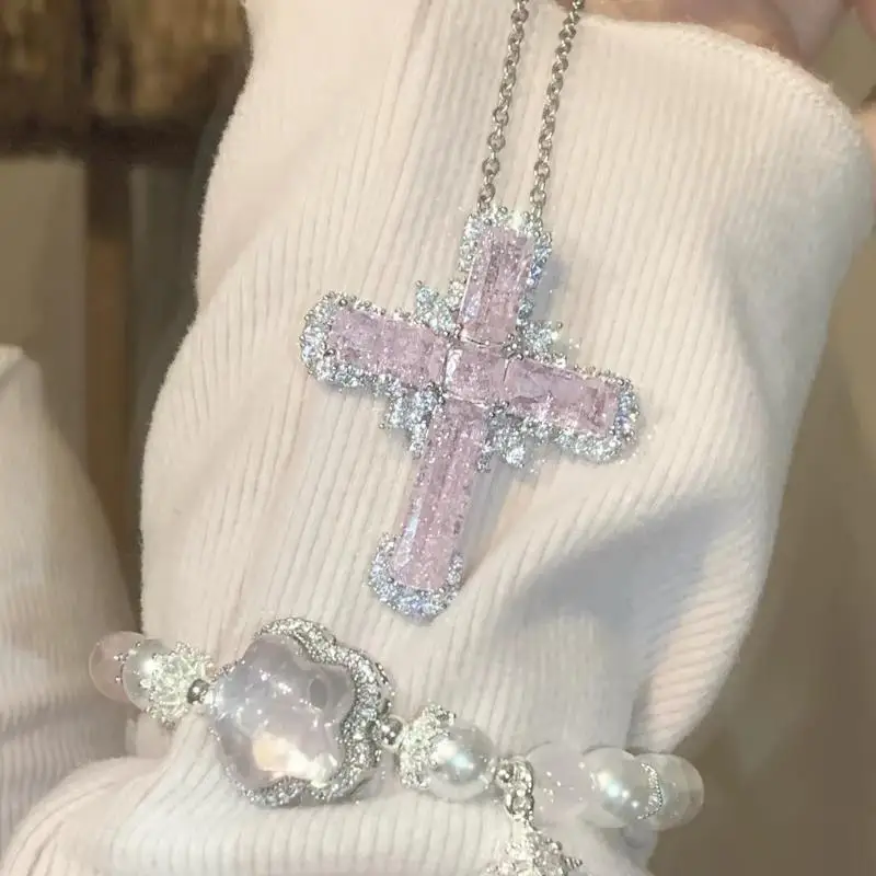 Y2K Exquisite Pink Broken Ice Zircon Cross Pendant Necklace For Women Fashion Long Tassel Necklace Party Jewelry Gifts
