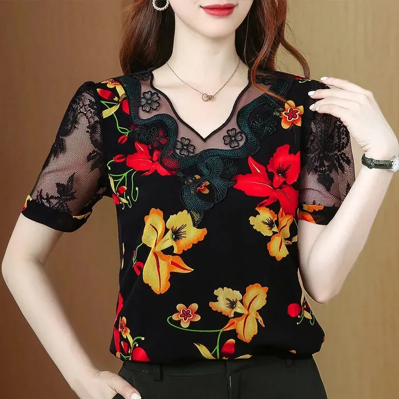 Upscale Printing Lace Miss Fashion Top 2022 New Short Sleeve Wild Temperament T-Shirt Summer Women Coat V Neck Shirt Jacket