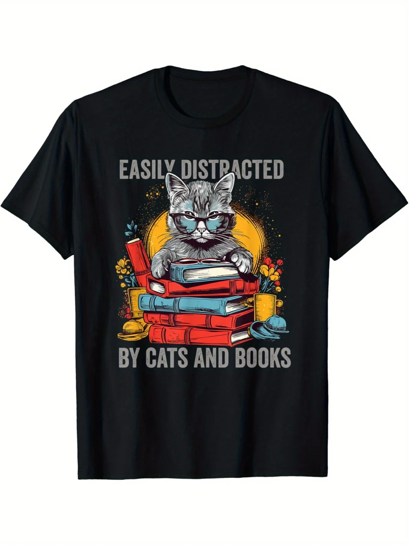 

Easily Distracted by Cats and Books Book Lovers T-Shirt