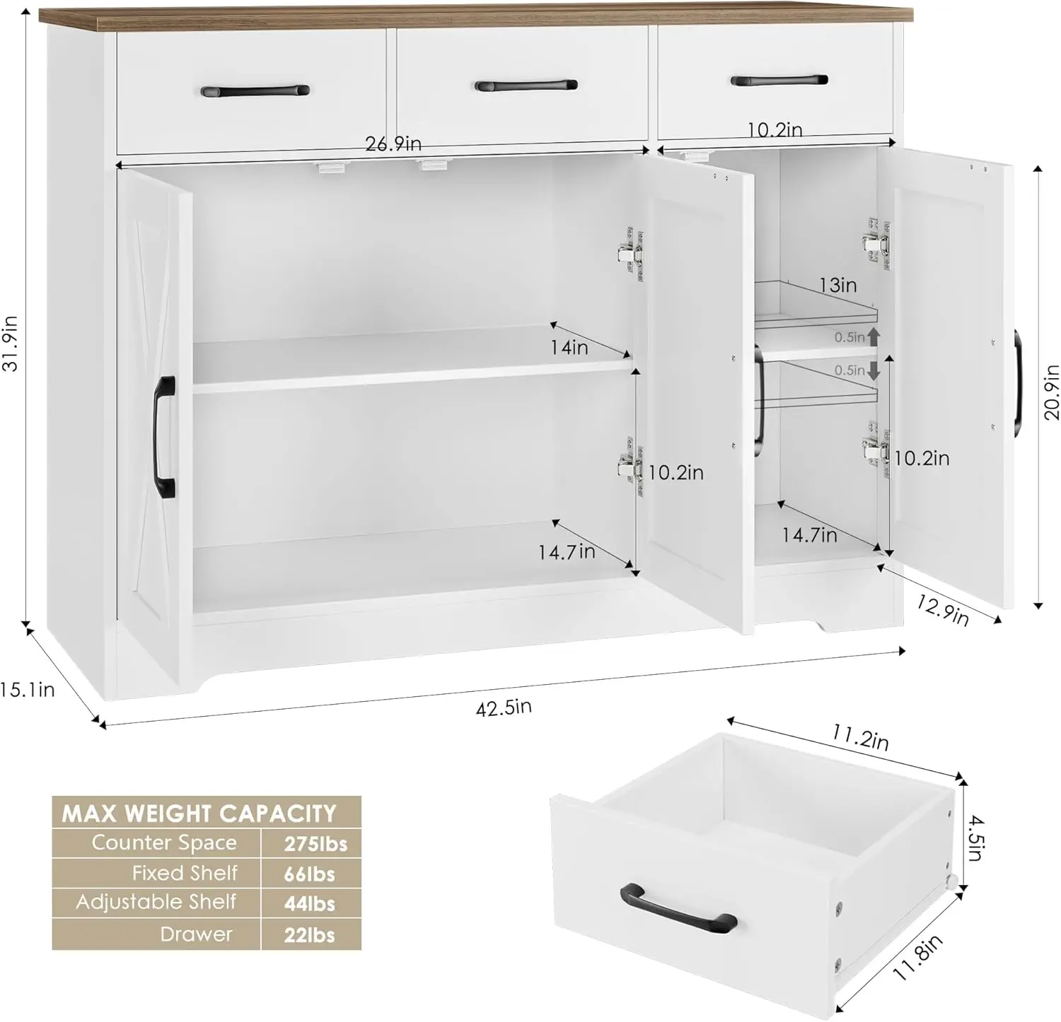 Aparador moderno de granja, mueble tipo Buffet con puertas de granero, mueble de almacenamiento tipo Buffet con cajones y estantes, mueble de madera para cafetería