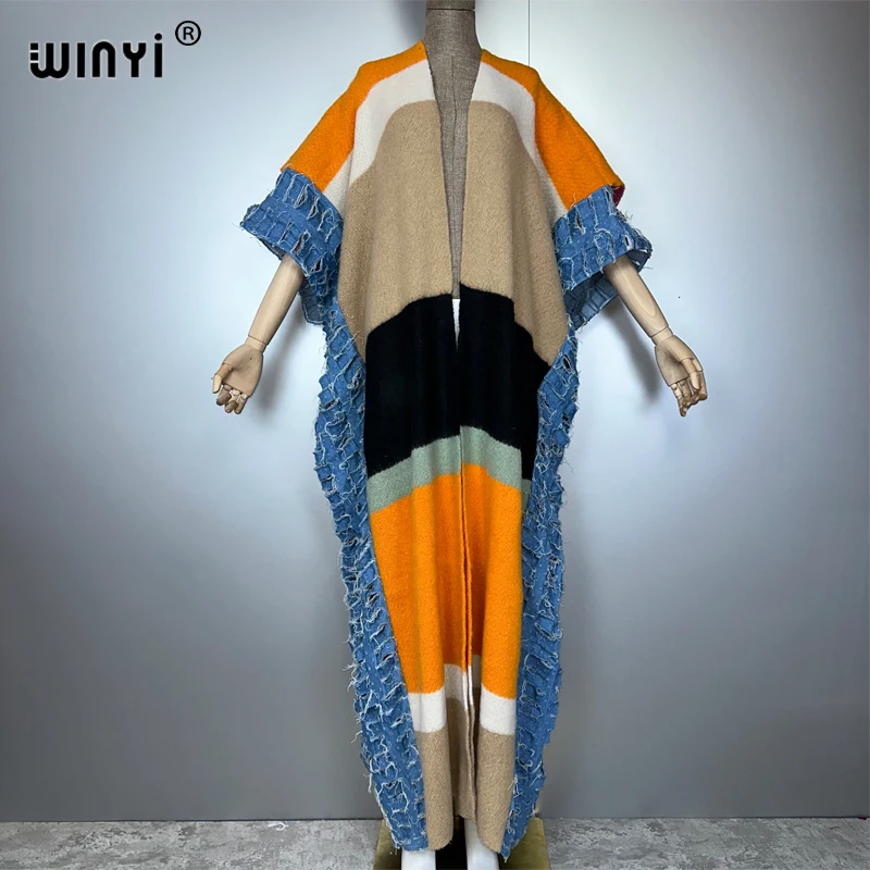 

WINYI Hole denim patchwork winter long cardigan African woman maxi dress abaya outfits for women coat Open Front Loose Kimono