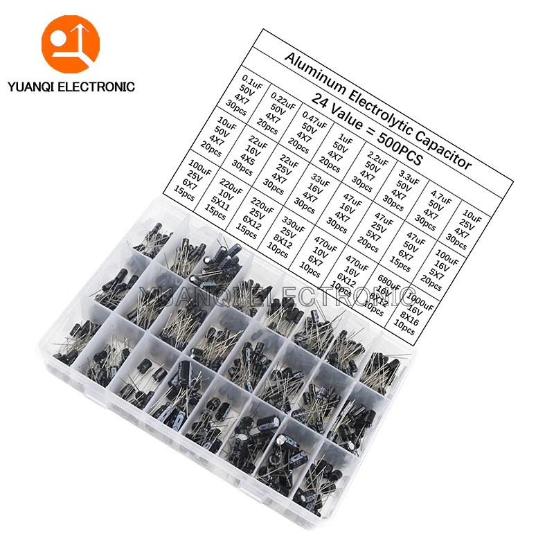 500 sztuk/partia 0.1UF-1000UF 24 wartości Mix 16V-50V Aluminiowy Kondensator Elektrolityczny Zestaw Mieszany i Pudełko do Przechowywania