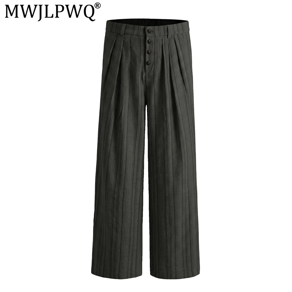 MWJLPWQ Style Vintage Vertical Striped Casual Pants For Men Trendy Pleated Design Button Detail Straight Loose Trousers 20994