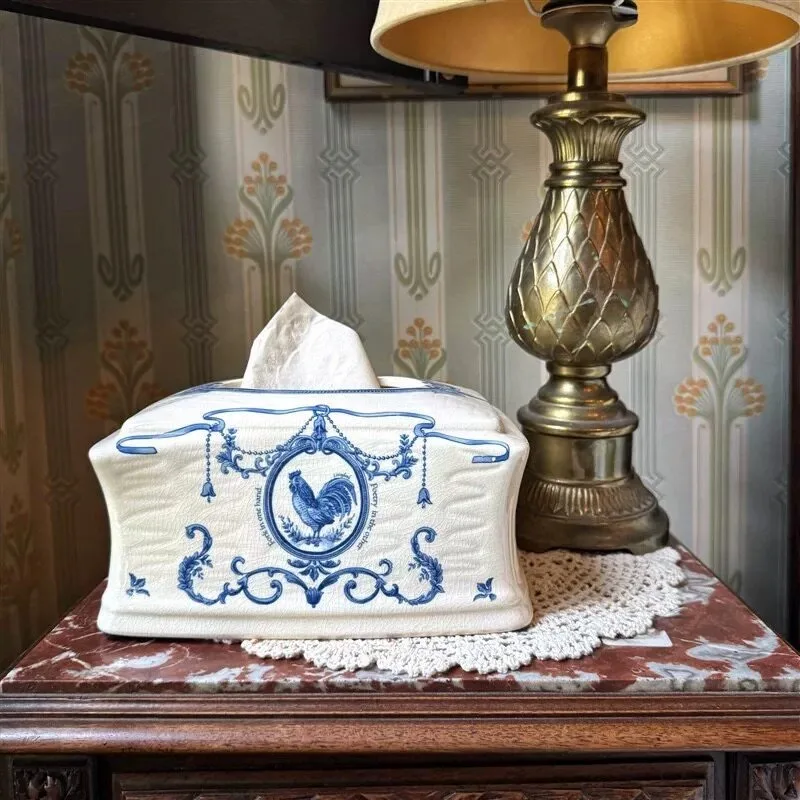 French ceramic hand-painted, pumping carton niche retro blue pottery decorative tissue box