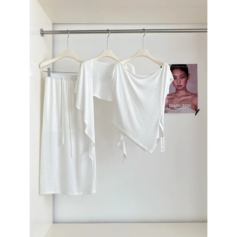 New Linen Cotton Three-piece Shawl Set Femininity Cardigan T-shirt Skirt Temperament Socialite Beautiful and Sweet Casual Fairys