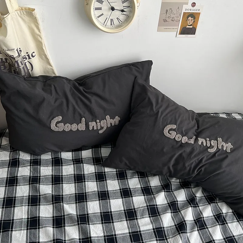 Nordic Style Good Night Towel Embroidery Pillowcase 48x74cm Washed Cotton Pillow Cover Envelope Soft Bedding Pillow Cases