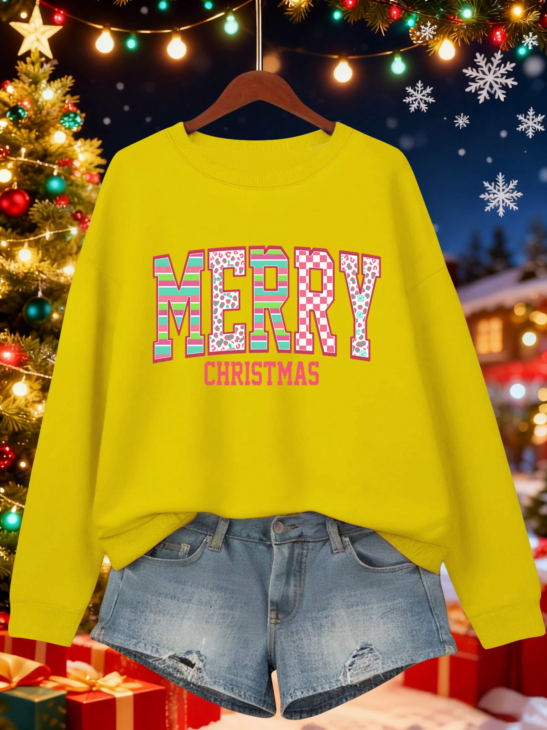 Frohe Weihnachten Kunst Brief Muster Sweatshirt Frauen Crewneck Alle-Spiel Kleidung Beiläufige Lose Streetwear Herbst Fleece Pullover