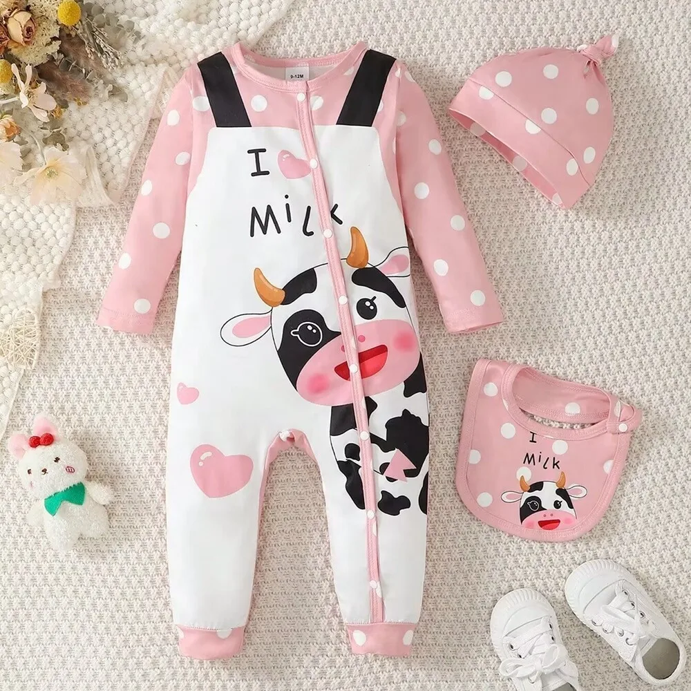 0-18 Months Newborn Baby Girl 3PCS Jumpsuit Set Long Sleeved Cartoon Print Romper+Hat+Bibs Infant Girl Fashion Cute Party Wear