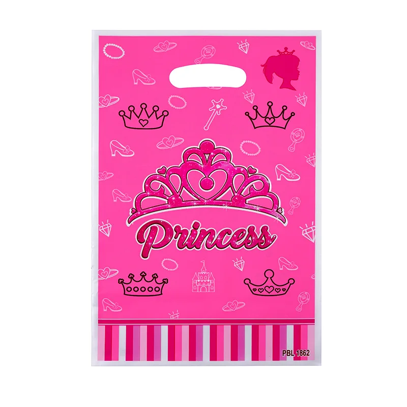 10pcs/lot Baby Shower Party Kids Favors Prince Princess Blue Pink Crown Theme Plastic Loot Bags Birthday Decorate Gifts Bags