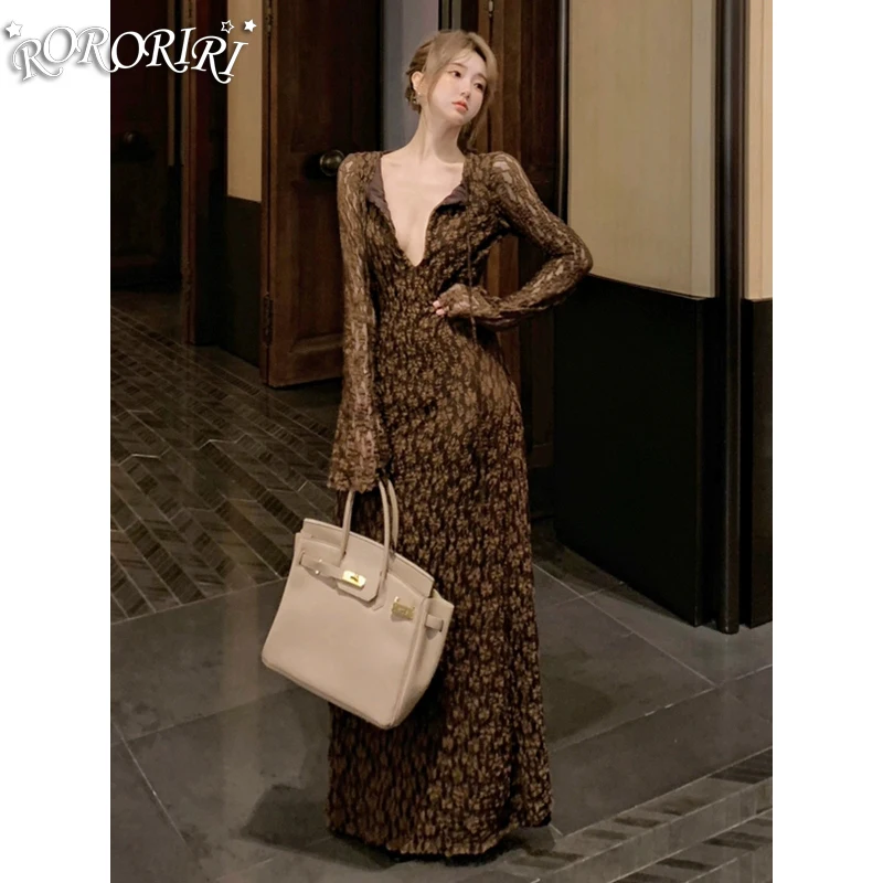 Roriri feminino profundo decote em v floral renda vestido longo marrom sólido bandagem drapeado mangas compridas casual de uma peça retro roupas elegantes
