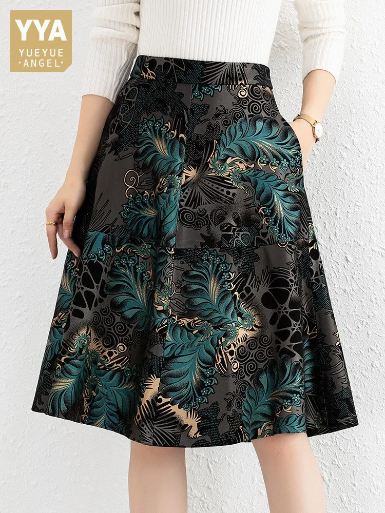 Elegant Office Ladies Genuine Leather Skirt Vintage High Waist Zipper Women Design Printed Medium Long A-Line Skirts Size S-4XL