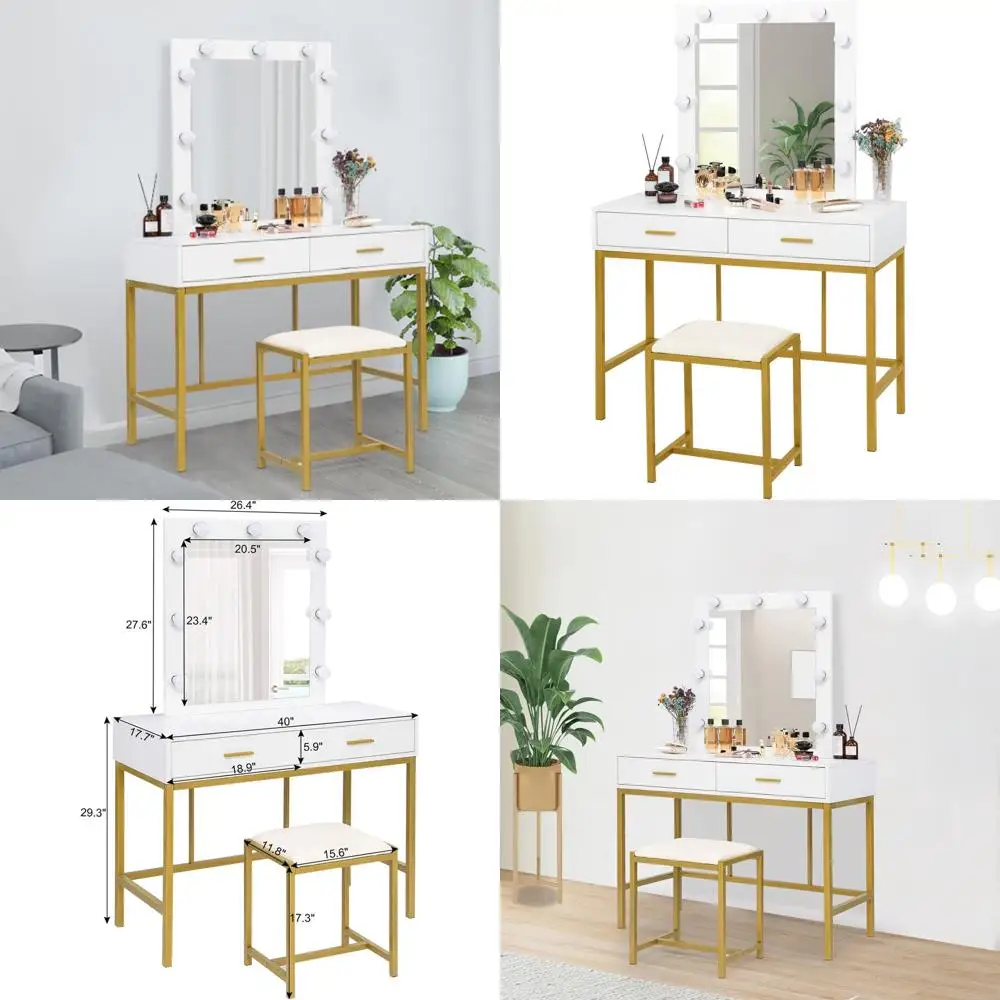 

Комплект для макияжа 40 White & Gold с зеркалом с подсветкой, 9 лампочками, 2 ящиками и табуретом