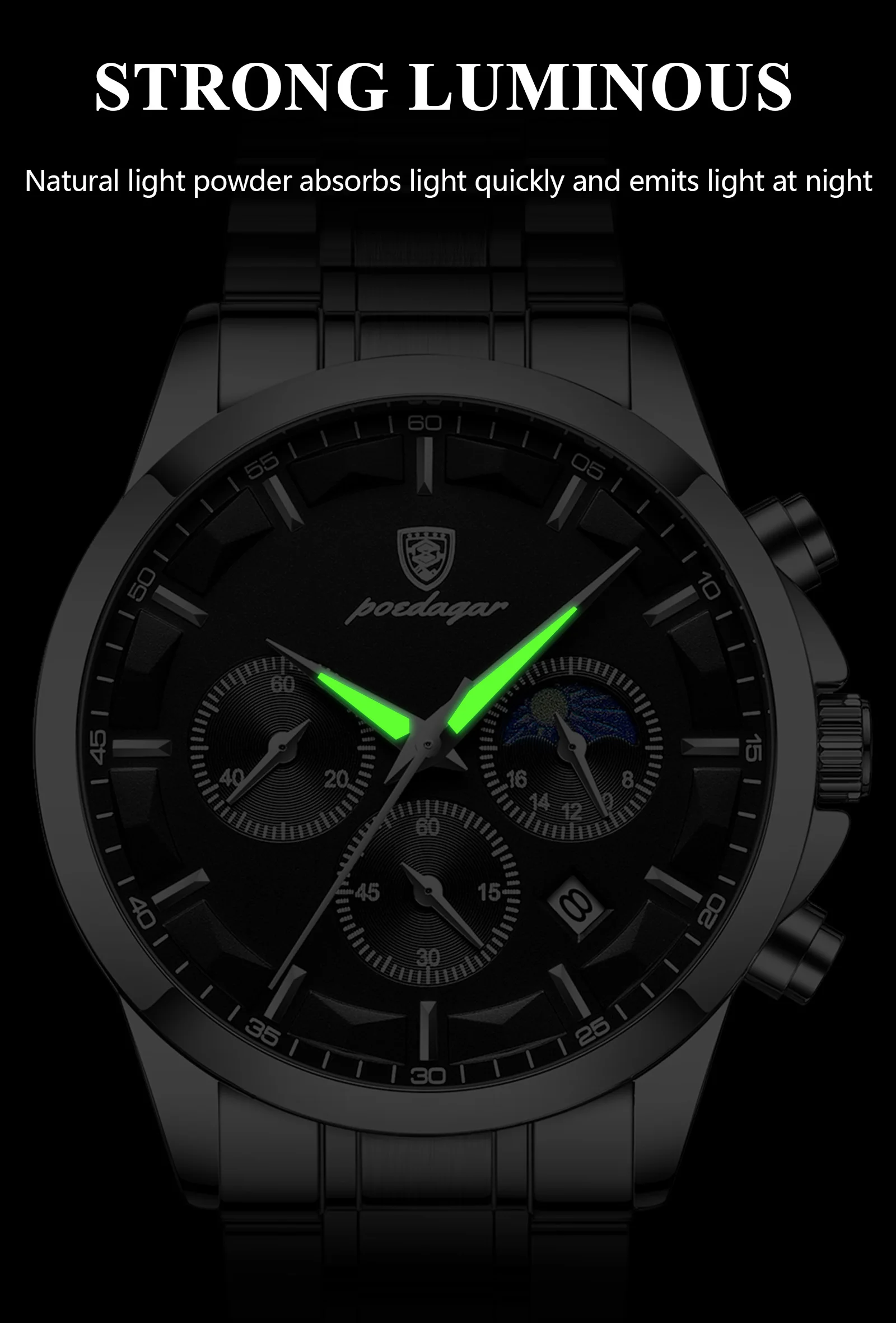 POEDAGAR Herrenuhr Wasserdicht Leuchtend Edelstahl Mode Herrenuhr Chronograph Datum Quarz Business Herrenuhren – Detail 8