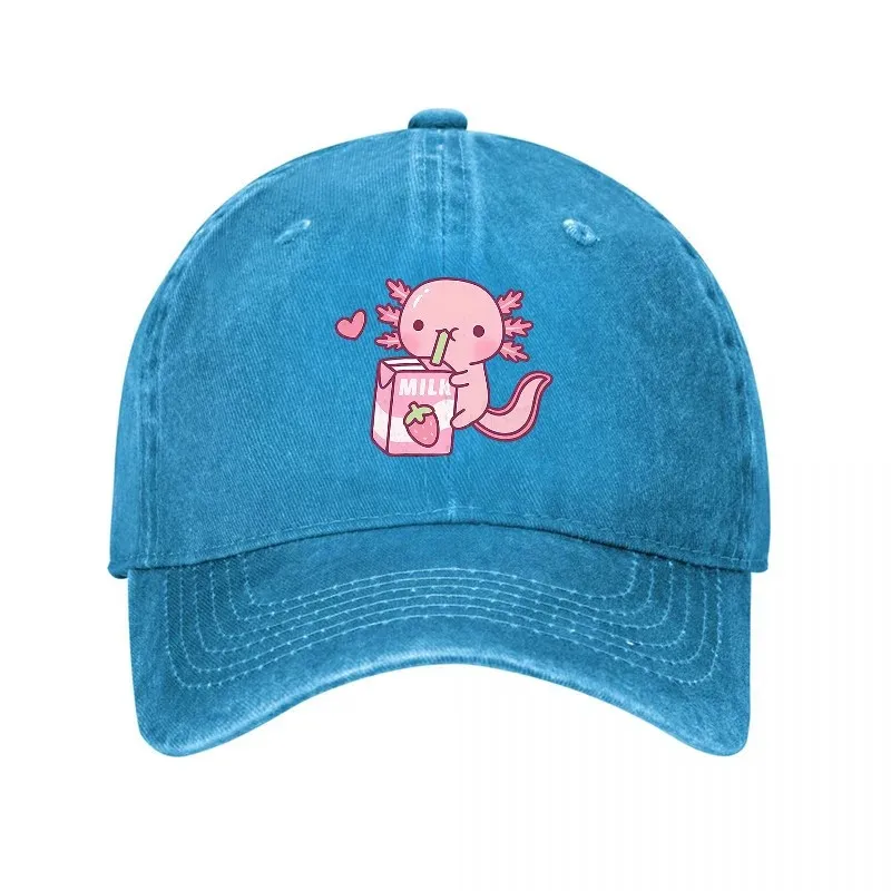 Cute Axolotl Drinking Milk Washed Denim Baseball Cap Adjustable Streetwear Hat for Adults