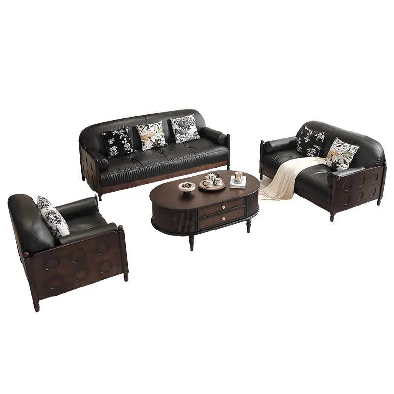 LMM solid wood leather sofa first layer cowhide 123 combination living room antique straight row four people princess