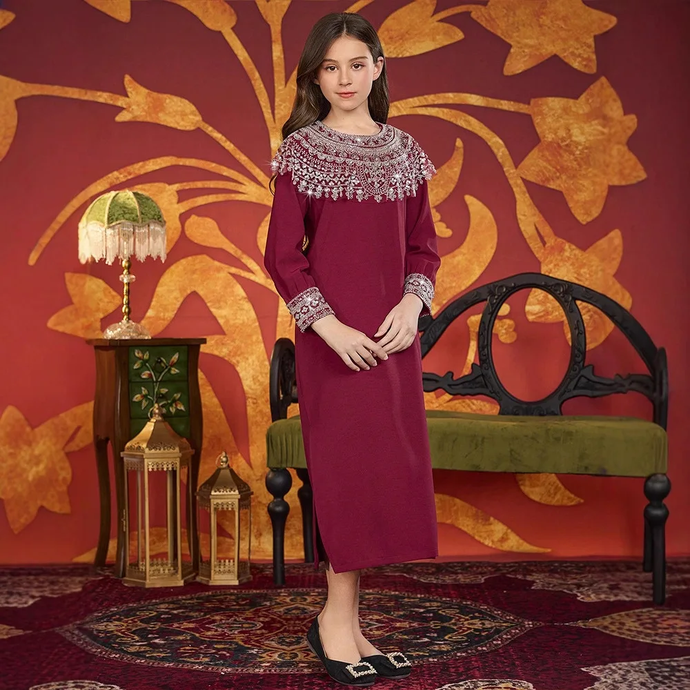 Morocco Muslim Kids Girls Beaded Maxi Dress Robe Ramadan Eid Islamic Children Clothing Arabic Abaya Turkey Kaftan Party Gown New