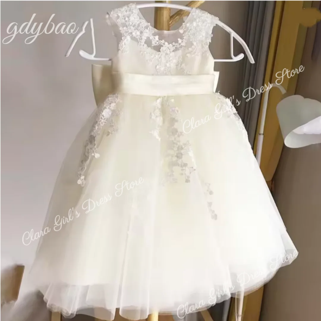 

Tulle Puffy Flower Girl Dresses Ivory Lace With Satin Bow Kids Birthday Ball Gowns Princess First Communion Dresses