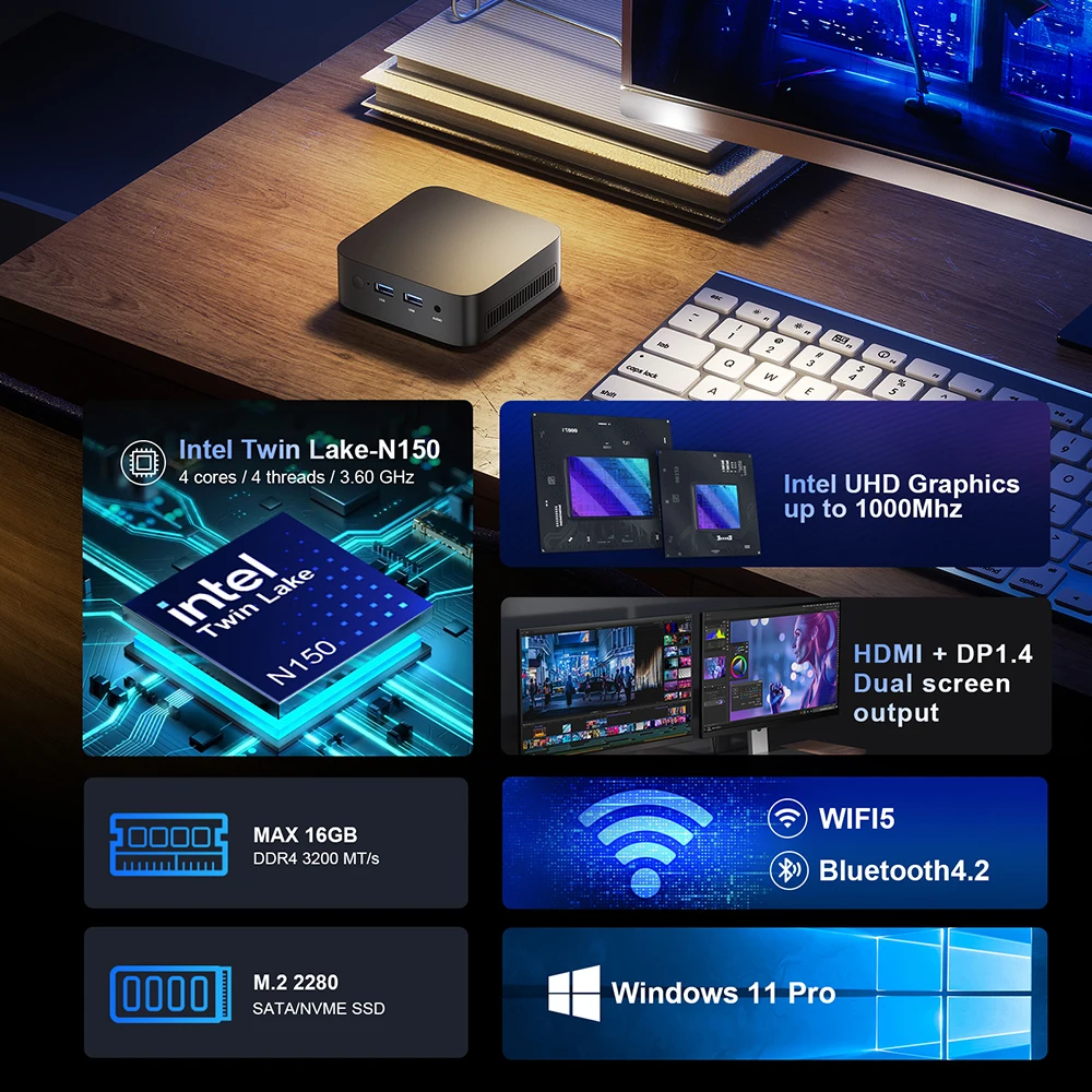 T10 ミニ PC インテル アルダー レイク N150 Windows 11 超小型ポケット コンピューター 4K 60Hz 出力 Wifi5 BT4.2