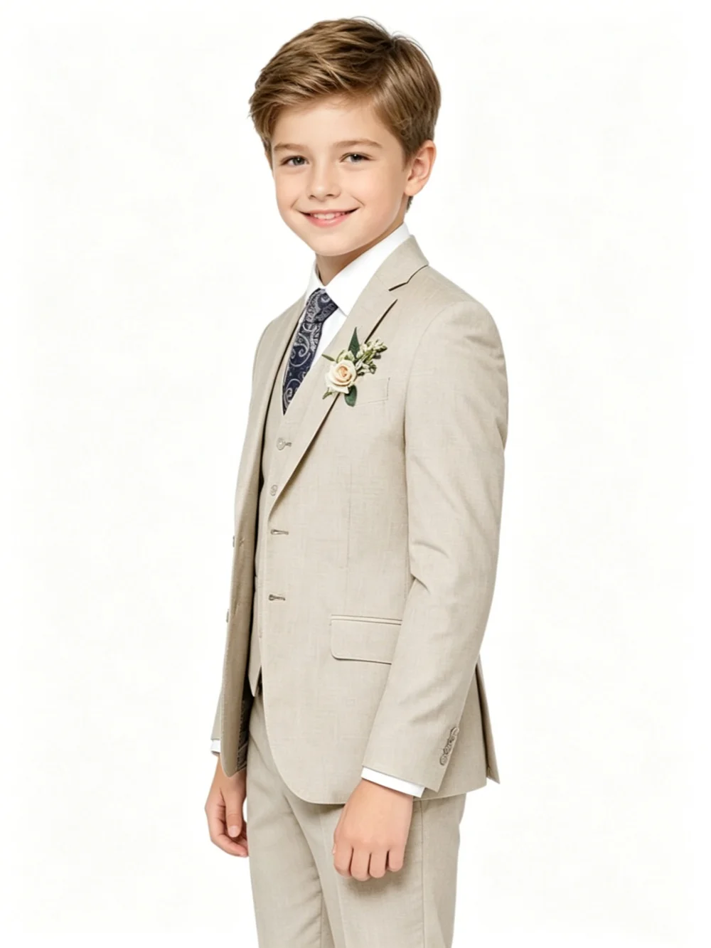 Sommer-Leinenanzug-Set für Jungen, 4-teilig, Hochzeits-Outfit für den Ringträger, gekerbter Reverskragen, Slim-Fit-Smoking für Kinder, für Klavierauftritte, 3–14 Jahre – Detail 4