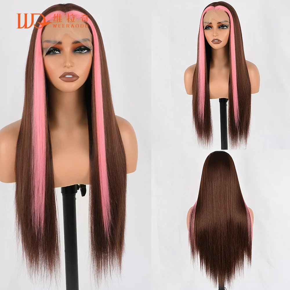 28-inch-straight-dark-brown-wig-pink-highlights-13x4-lace-frontal-glueless-heat-resistant-synthetic-brunette-cosplay-daily-wig