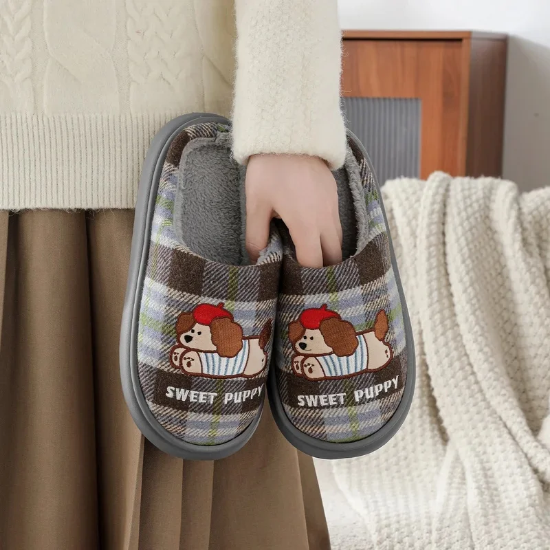 ZUOFU Plaid Puppy Print Plush Slippers For Women Men Autumn Winter Non-Slip EVA Sole Wool Lining Indoor Home Slippers