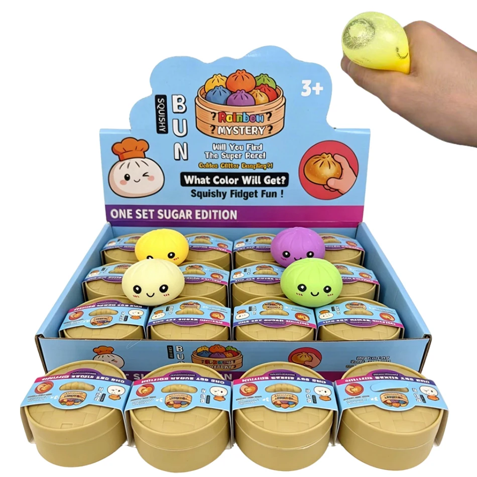 Glitter dumpling squishy blind box, rainbow steamed bun squeeze toy with steamer basket box, slow rebound stress relief toy