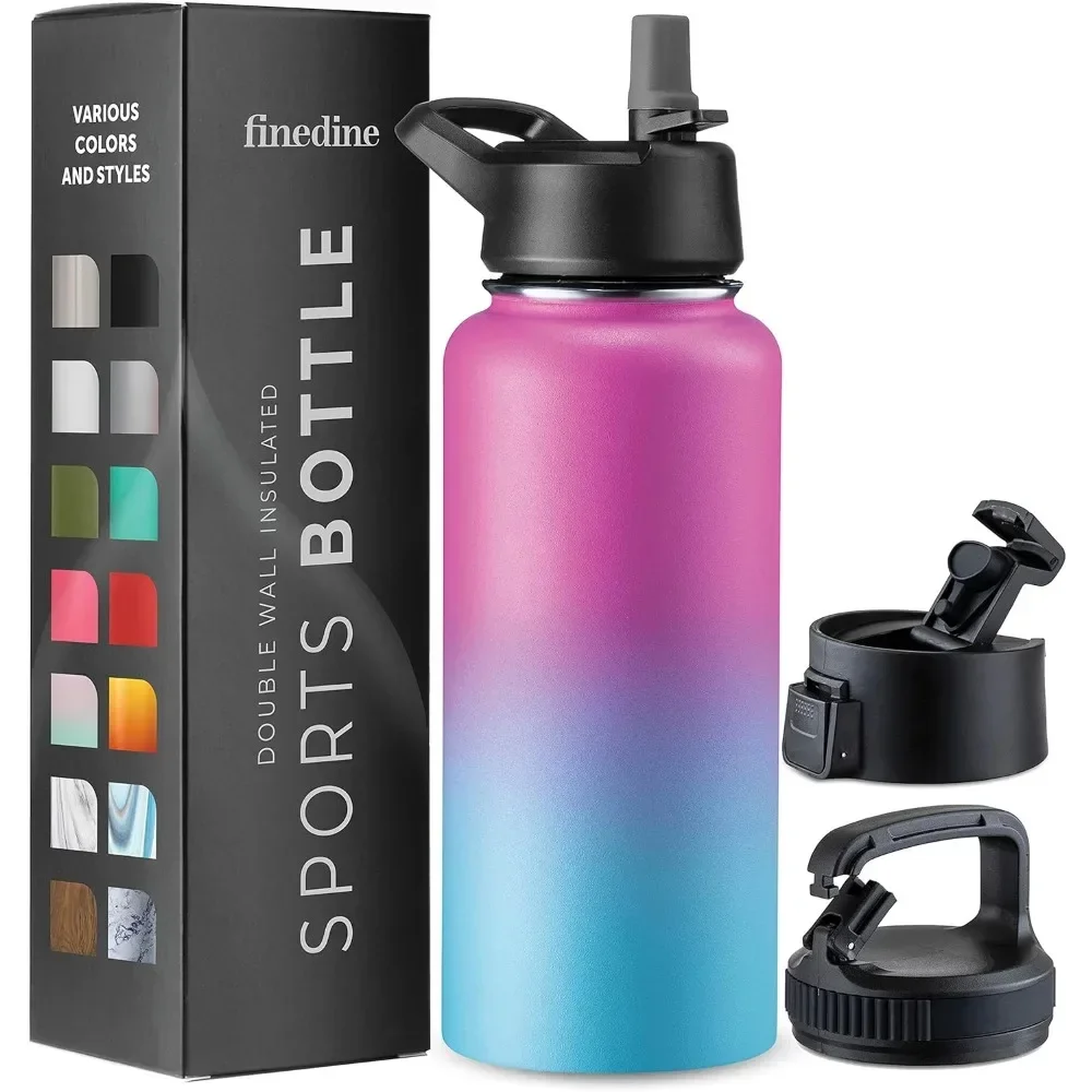 Insulated Water Bottles with Straw 32 Oz Stainless Steel Metal Bottle W/ 3 Leak Proof Lids For Travel School Sports Gym