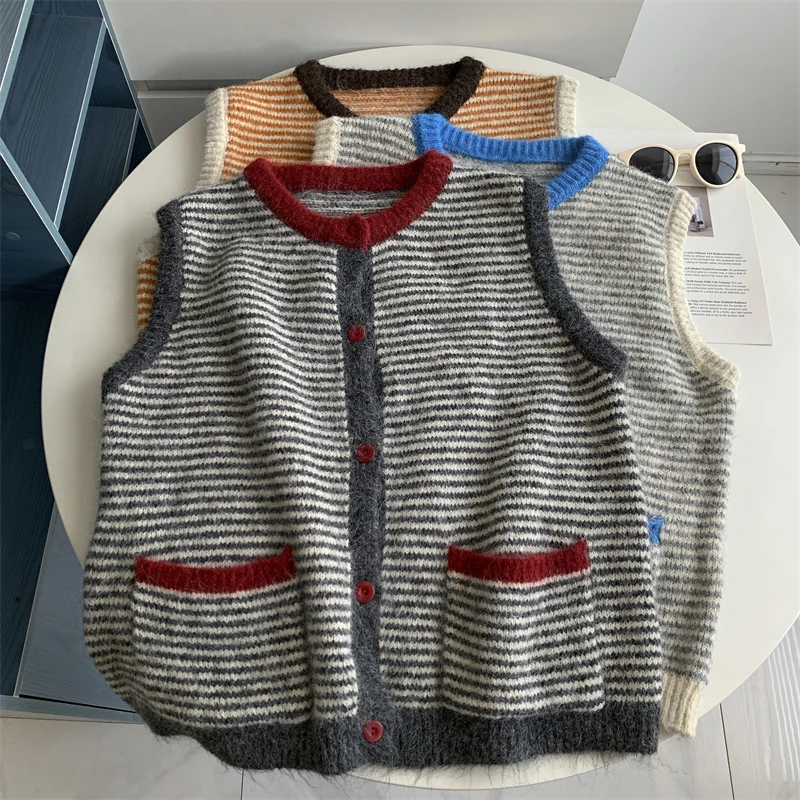 

Women's Knitted Sweater Vest 2025 Autumn Winter New Style Color Block Striped Slimming Layering Korean Sweet Versatile Top