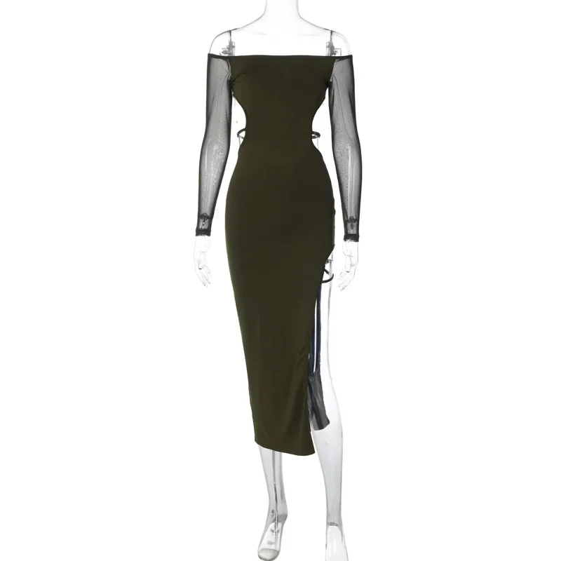 Mesh Langarm aus geschnitten rücken frei sexy Party Club Midi Split Kleid Outfits für Frauen Herbst Winter Slash Neck Bodycon Kleider