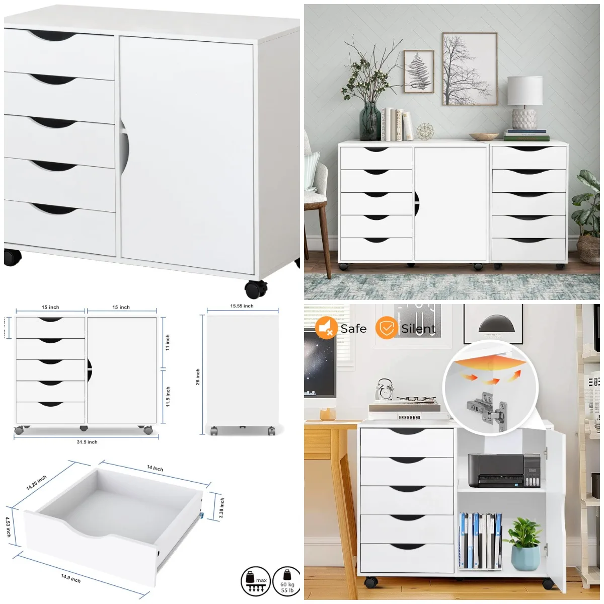 

5-Drawer Wooden Chest with Door & Wheels, Mobile Dresser Cabinet for Home Office or Bedroom