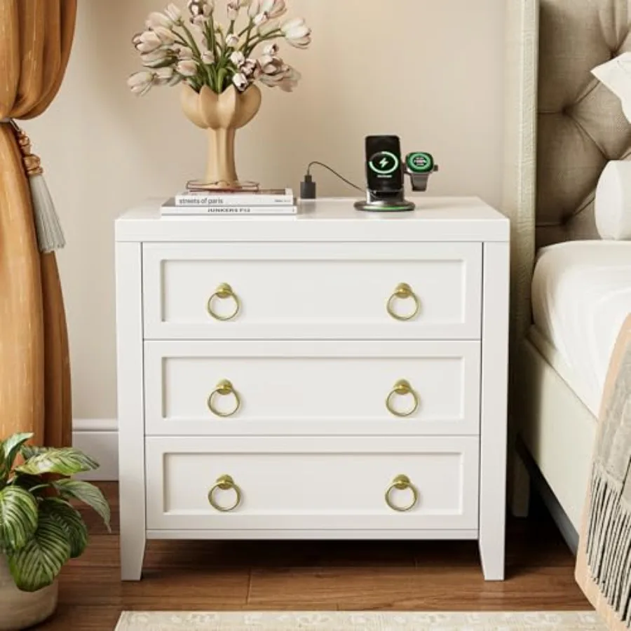 23.6 Inch Night Stand with Charger Station and USB-C Port 3 Drawer Nightstand Larger Wider Bedside Table Modern Side End Table