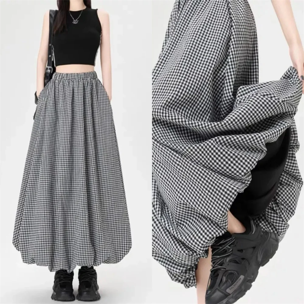 Japanese Double Layered Floral Bud Skirt Autumn Winter High Waist Cake Black White Plaid Long Pleated Skirt Women Streetwear