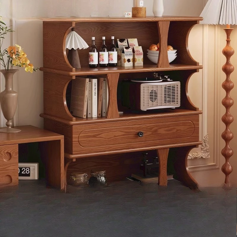 Solid wood dining side cabinet, bookcase, antique living room side cabinet, open wall integrated storage cabinet