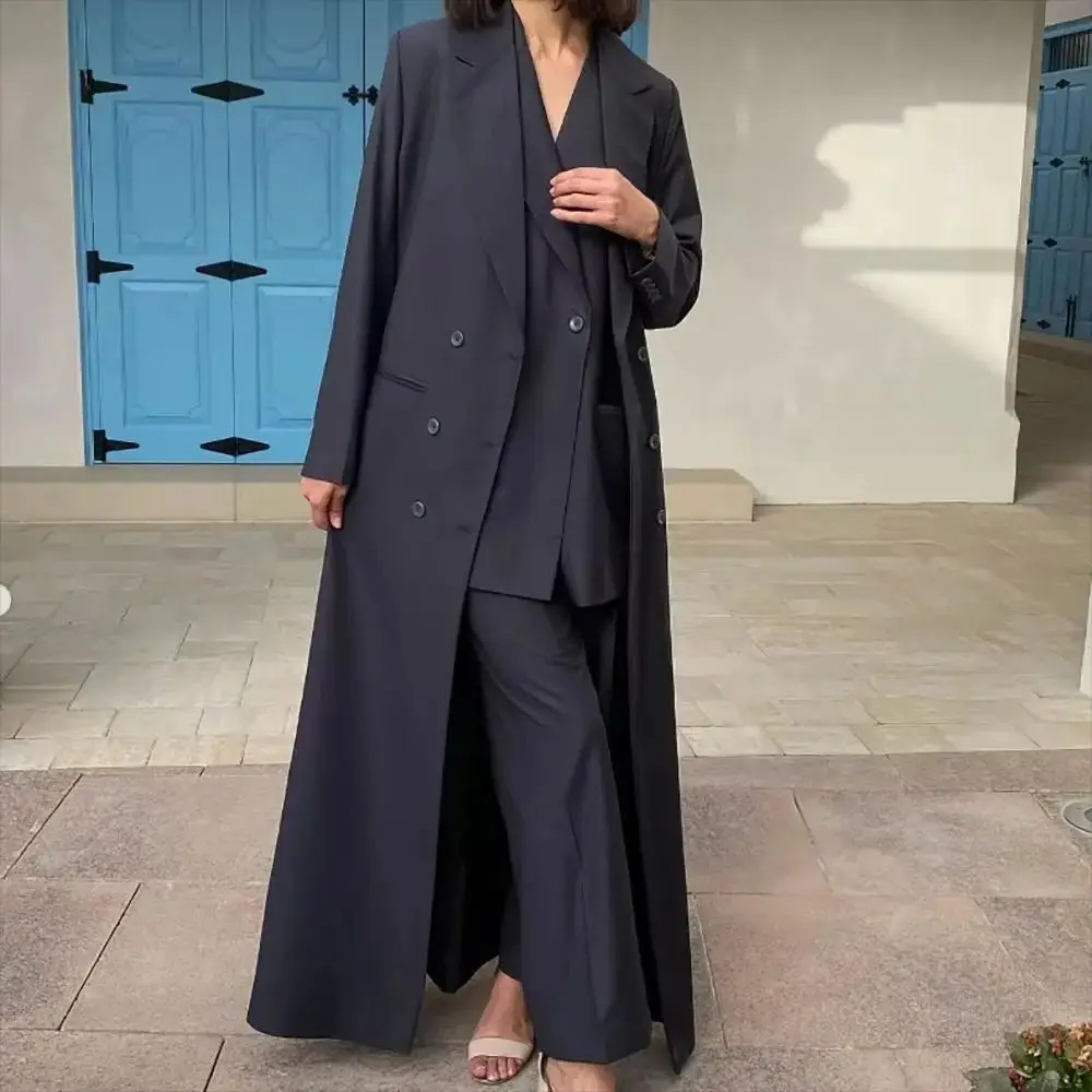 

Элегантный темно-синий женский костюм-тройка: двубортный пиджак, жилет и брюки, модный повседневный комплект с длинным пальто до щиколотки