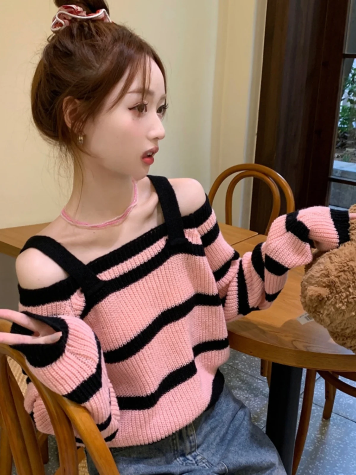 

Sweet Design Sense oulder Bared Color Blo Long Sve вязаный свитер женский весенне-осенний свободный утягивающий топ