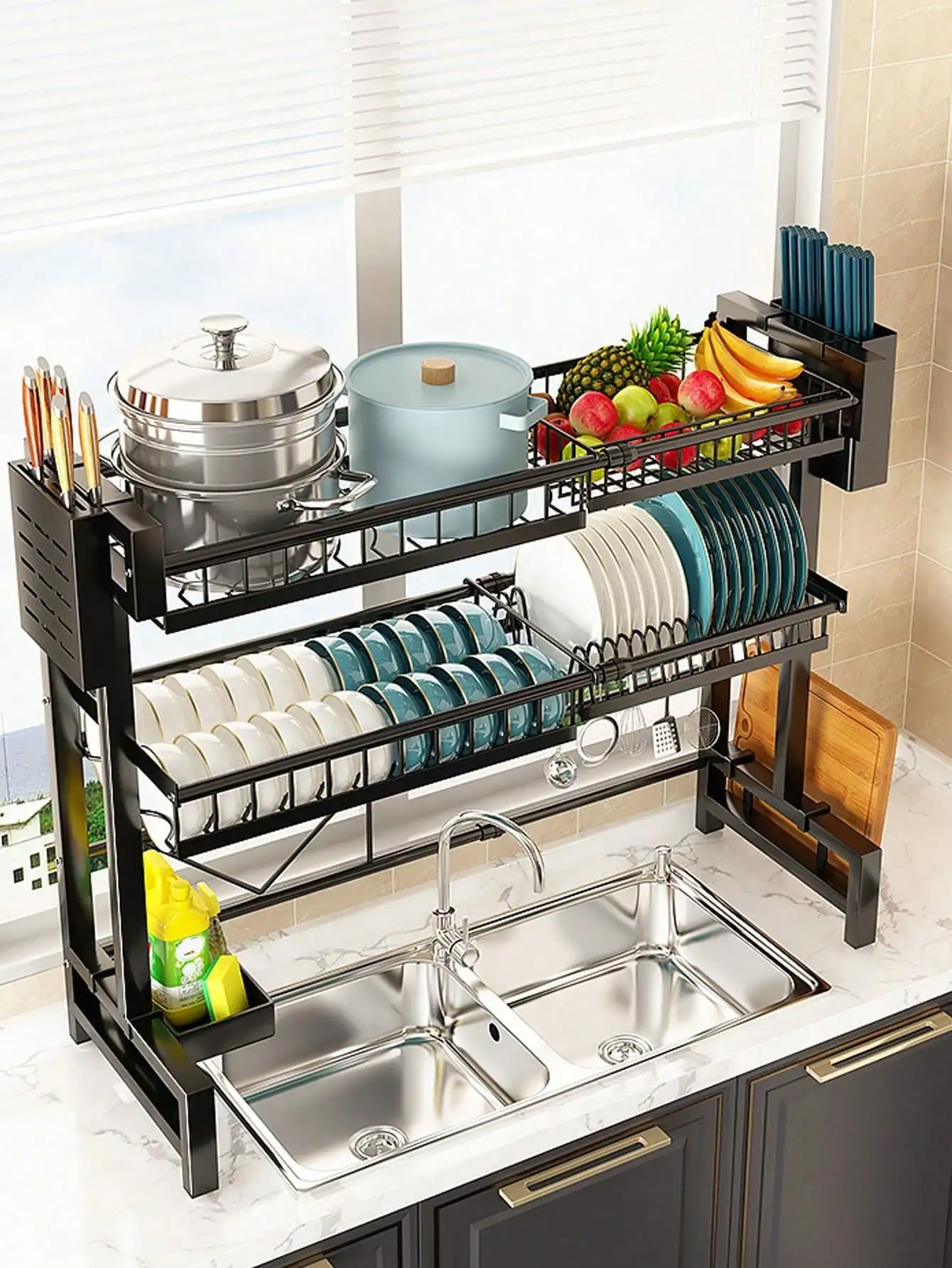 1pc 31.89in(81cm) Height. Double Layer Over Sink Dish Drying Rack Adjustable Snap-On Design 2 Tier Large Kitchen
