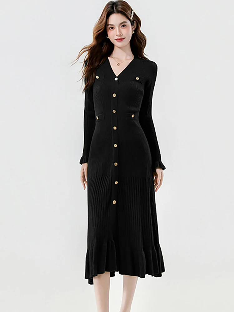 Vrouwen Effen Gebreide Single Breasted Lange Mouw V-hals Jurk Herfst Winter Elegante Verstoorde Lange Jurk 2025, Koreaanse Bodycon Jurk