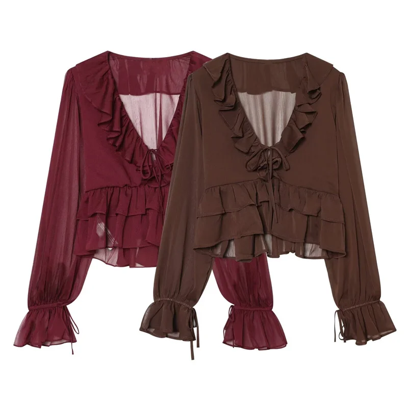 

Women's Top 2026 Summer New Style Solid Color Long Sleeve French Ruffle Decorative Sexy See-Through Top Unique Fashion
