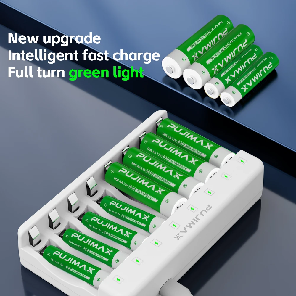 PUJIMAX 8-Slots 1.2V LCD Display Smart Battery Charger For AA/AAA NiMh NiCd Rechargeable Batteries AA AAA Batteries Charger