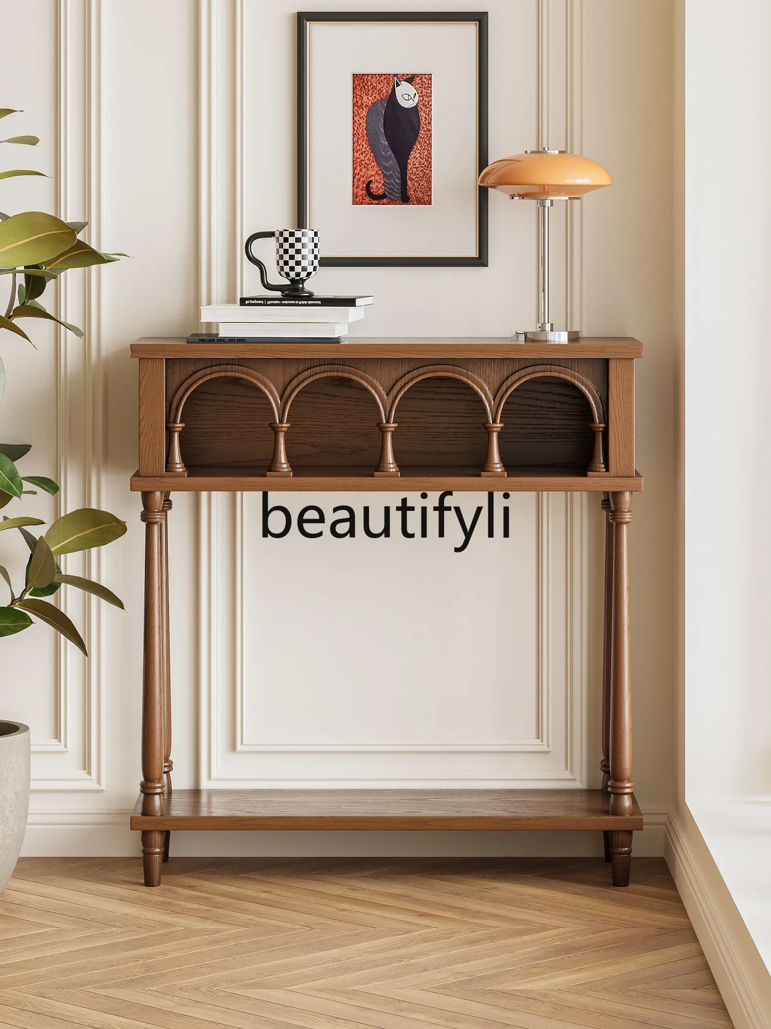 طاولة مدخل قوس من الخشب الصلب من العصور الوسطى، وطاولة مدخل غرفة المعيشة المنزلية، ورف الحائط #4