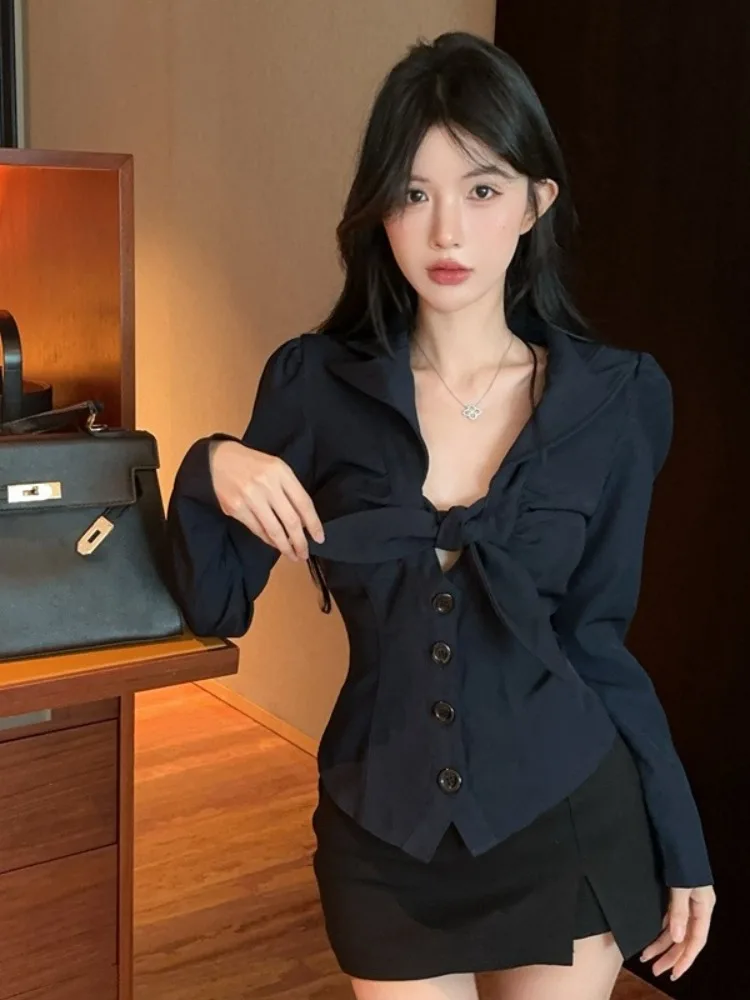 

Ретро галстук-бабочка с низким вырезом Slim Fit Long Sve irt Воротник-стойка Талия Cinching Top для женщин Autumn Faion Ladies irt