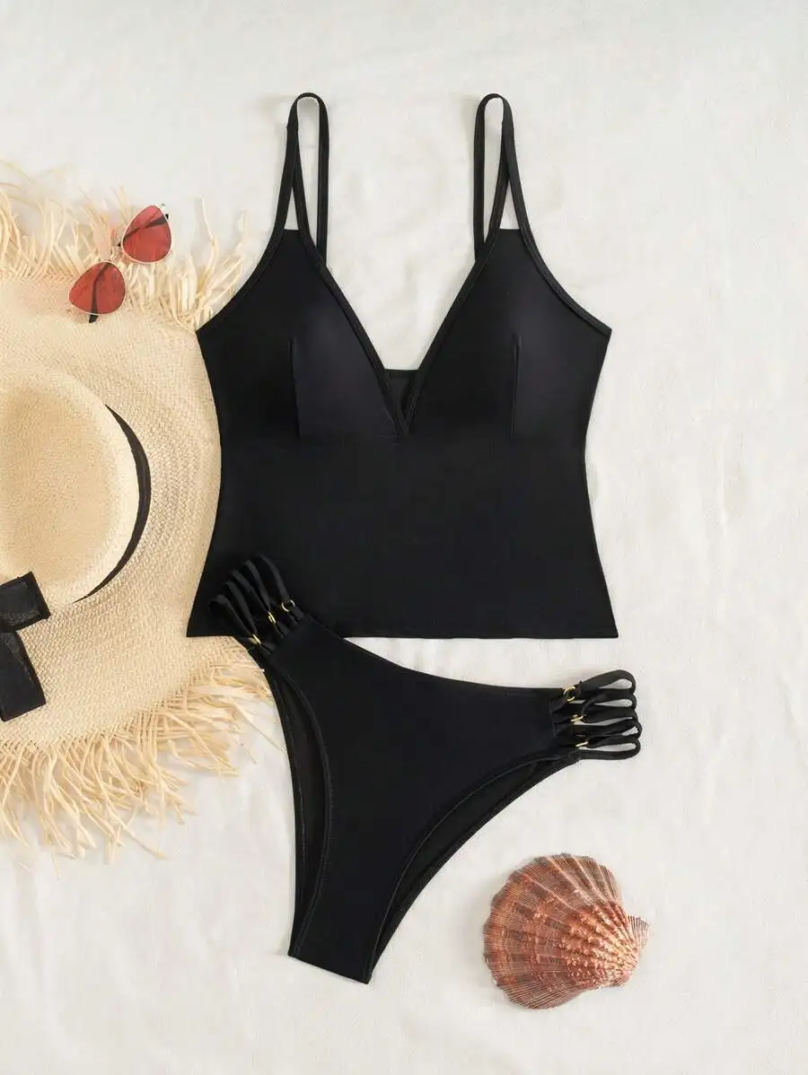 

Black Spaghetti Strap Bikini Set With Triple Rope Side Tie And V-Neck Top For Women Summer Beach
